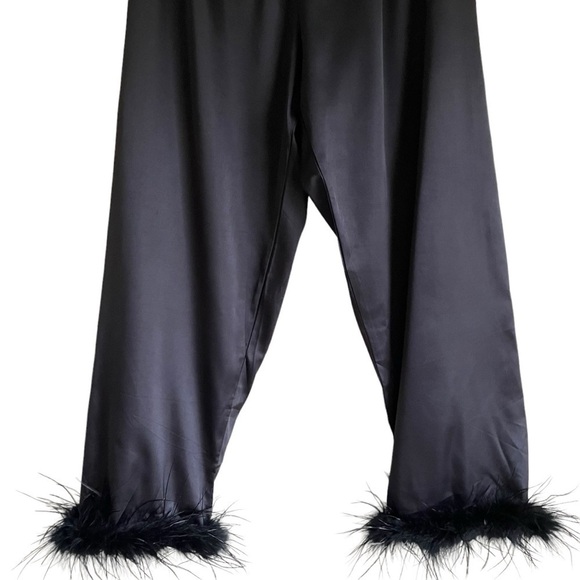 Feather Trimmed Black Satin Pajama Pants Bottoms Elastic Waist Drawstring Sz M - Picture 3 of 16